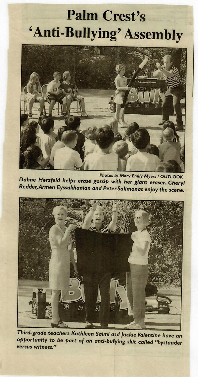 Newspaper article discussing The Bully Game School Assembly from John Abram's School of Astonishment.
